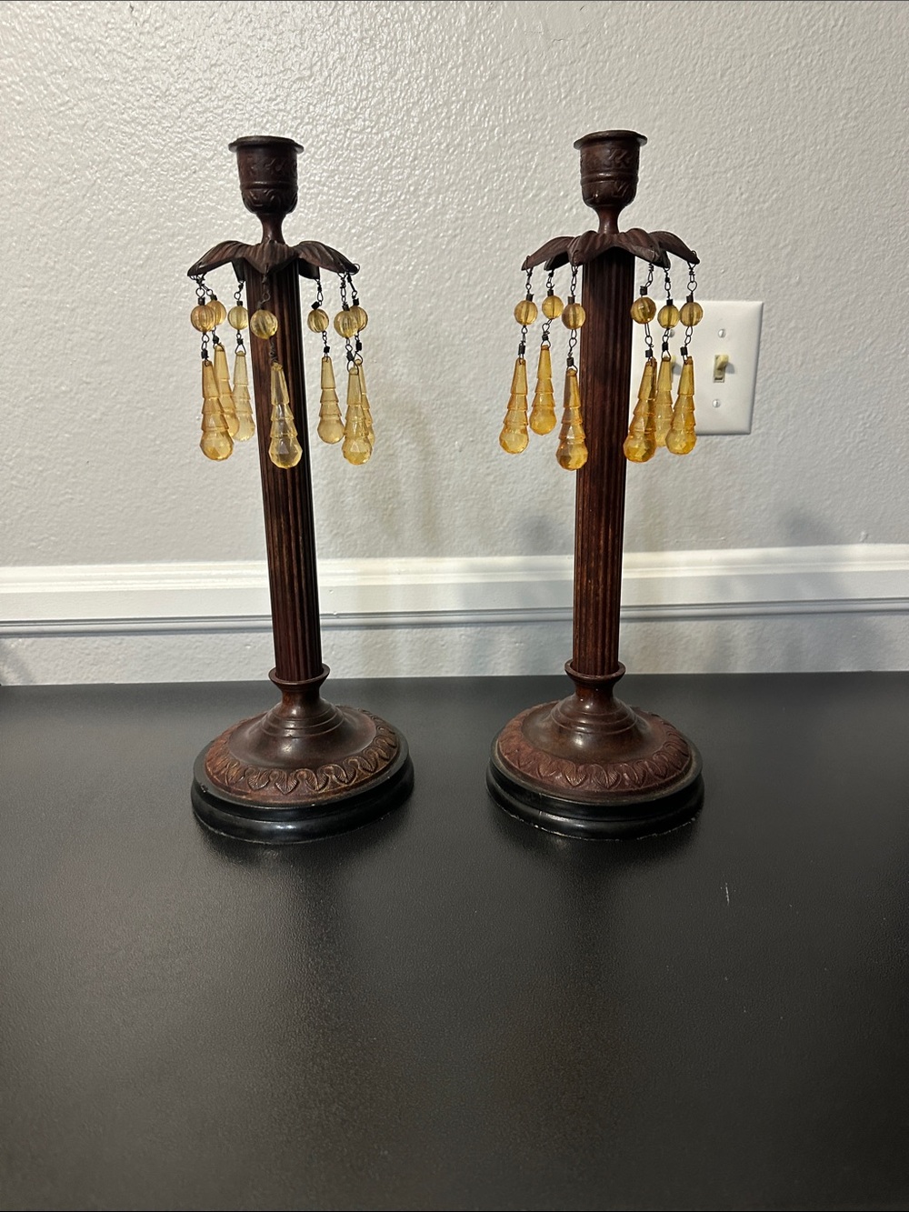 Source Unknown Brown Metal Candle Holders with Amber Drops